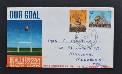 1967 New Zealand First Day Cover - Health / 75th Anniversary NZ Rugby Union - Image 1 of 2