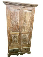 Antique Tall Armoire Sunrays Floral Carved Vintage Teak Wood Cabinet 