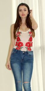 Rose Applique Mesh Sleeveless Bodysuit | Cami M L Top Chic 22866