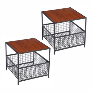 Set of 2 Square 20 Inch Side Tables Coffee End Tables with Wire Storage Basket  - Picture 1 of 18