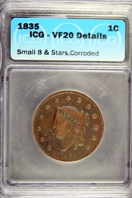 1835 - ICG VF20 DETAILS Coronet Head Large Cent!!  #B18595 - Image 1 of 2