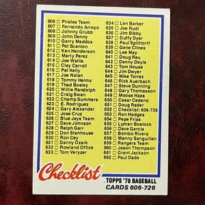 1978 Topps Set BASEBALL 606-726 CHECKLIST #652 UNMARKED - EX-MINT - Picture 1 of 2
