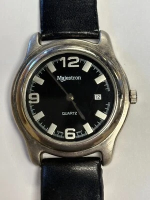 Majestron Black Dial Date Display Leather Band Metal Case Quartz Watch Mens - Image 1 of 4