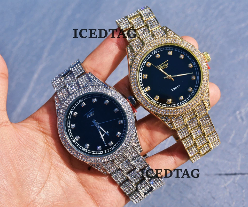 RELOJ HIP HOP HELADO BLING-ED OUT RAPERO LABORATORIO DIAMANTE PARA HOMBRES ELEGANTE NEGRO ESFERA DE LUJO Foto 1 de 1