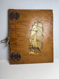 Vintage Holz Sammelalbum Fotoalbum mit Schiff Intarsien Handarbeit Maritim - Bild 1 von 8