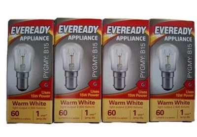 4 x 15W EVEREADY PYGMY BULB WARM WHITE B15 SBC 15 Watt 60 LUMENS SMALL BAYONET
