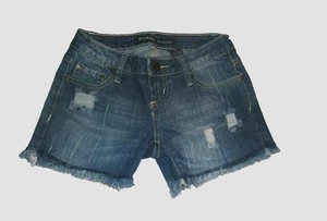 Meagan ZCO Jean Shorts Juniors Sz 1 Blue Denim 6" Lowrise - Inseam 4" Distressed - Picture 1 of 7