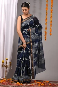 Sari de seda estampado a mano indio para mujer diseñador ropa de boda vestido sari y blusa - Imagen 1 de 3