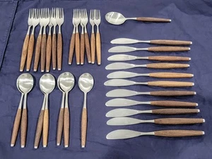 Wallin Brothers Safir Flatware Set Of 32 Pieces Stainless Sweden Wood Handle MCM - Picture 1 of 9