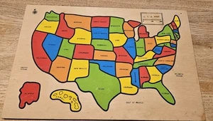 Vintage UNITED STATES CAPITALS MAP Jigsaw PUZZLE Tray Wooden USA  12.5” X 11” - Picture 1 of 6