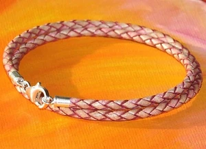 Ladies 3mm Antique Pink leather & sterling silver bracelet by Lyme Bay Art - Picture 1 of 3