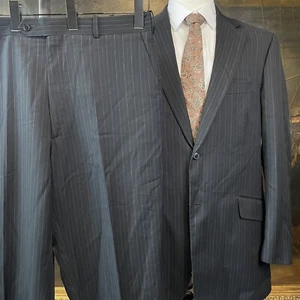 Bachrach 42L 38 x 32 2Pc Black Pinstriped 100% Wool 2Btn Suit Jacket Pants - Picture 1 of 11
