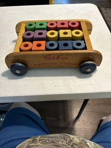 VINTAGE SIFO Rainbow Wagon Wooden Pull Toy Complete w/ Blocks & Rods - Picture 1 of 12