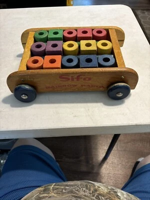VINTAGE SIFO Rainbow Wagon Wooden Pull Toy Complete w/ Blocks & Rods - Image 1 of 4