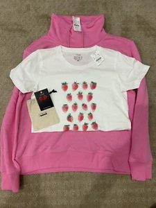 J Crew NWT Pink Sweatshirt Strawberry T-Shirt & Earrings Size XS & XXS - Picture 1 of 9