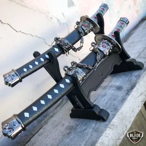 2 Stück Japanisches Samurai Schwert feste Klinge Brieföffner Katana Messer mit Ständer NEU - Bild 1 von 5