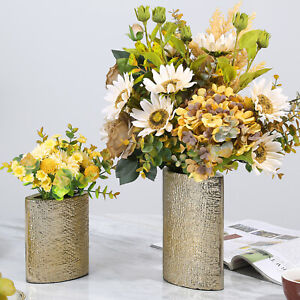 2 PCS Linen Pattern Design Gold Tone Metallic Flower Vase - Handcrafted in India