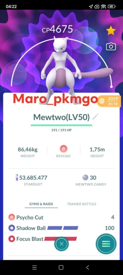 Pokemon Mewtwo LV50 3moveset (Shadow Ball) in 2019 - TRA'DE Lucky guaranteed GO