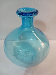 Electric Aqua Light Blue Hand Blown Art Crackle Glass Balloon Vase Bottle 8.5" - Picture 1 of 6