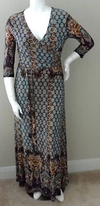 Tua Boho Bohemian Teal Blue Tribal Stretch Faux Wrap Maxi Dress Plus 2XL - New! - Picture 1 of 5