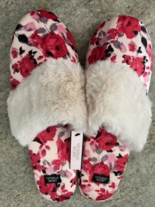 NWT Victorias Secret Fuzzy Floral Rose Satin Soft Bedroom Slippers Slides Sz L - Picture 1 of 6