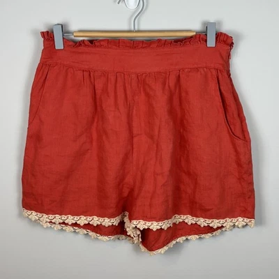 Line & Dot Womens orange High waisted Lace Hem 100% Linen Shorts Size Large Boho - Image 1 of 4