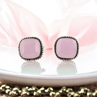 Gemelos de plata esterlina 925 con piedras preciosas de calcedonia rosa 0,61" para él Foto 1 de 4