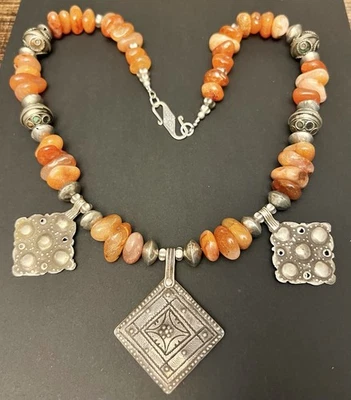 Berber Amulet Vintage Necklace: Carnelian, silver pendants and Old Bicone beads. - Image 1 of 4