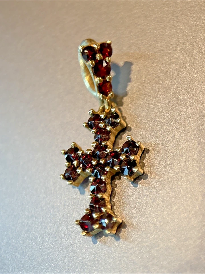14K Gold Kreuz Anhänger Granat Edelstein Dunkel Rot 585 Gelbgold Kettenanhänger - Bild 1 von 4