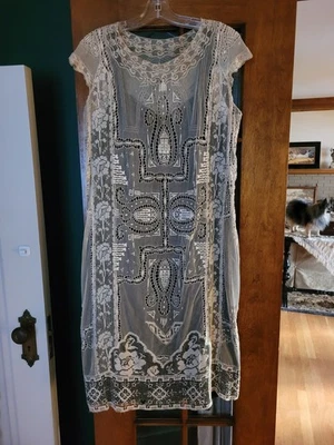 ANTIQUE EMBROIDERED BEIGE NET LACE FILET LACE 1920'S PARTY DRESS  Large - Image 1 of 4