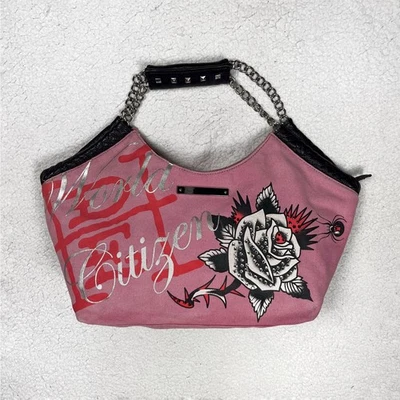 Vintage Ed Hardy Becca World Citizen Pink Handbag Purse Canvas Shoulder Bag Y2K - Image 1 of 4