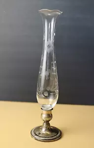 Vintage FISHER STERLING 1191 Weighted Bud Vase Etched Ruffle Glass Fluted - Picture 1 of 10