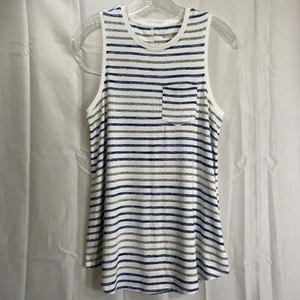 Merona Womens M Knit Tank Top Blue Gray White Stripes Pocket Soft Comfort Beachy - Picture 1 of 6