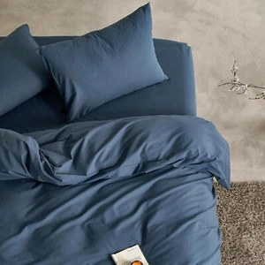 Wake In Cloud - Cotton Duvet Cover Set, King Size, Dark Navy Blue, 100% Washed C - Picture 1 of 6