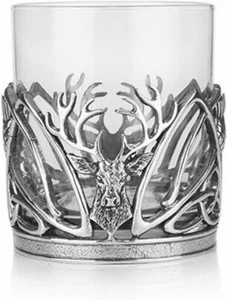 Stunning Pewter Stag & Scottish Thistle Whisky Tumbler Glass - Picture 1 of 3