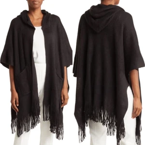 VINCE CAMUTO Feels Like Home Cappuccio Frange Orlo Ruana Cape Wrap, Nero, Nuovo con etichette - Foto 1 di 4