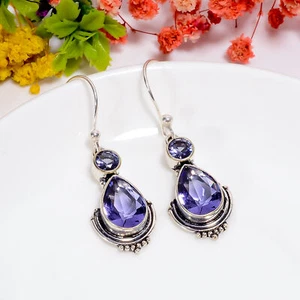 Iolite Gemstone Vintage Handmade Jewelry 925 Sterling Silver Earrings 1.9" j692 - Picture 1 of 5