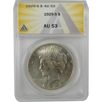 1925 S Peace Dollar AU 53 ANACS Silver $1 Coin SKU:I21412 - Image 1 of 4