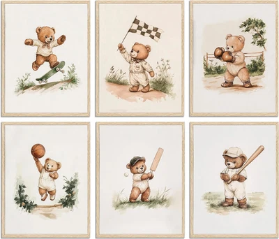 6 шт. детский медведь настенное искусство винтажный плюшевый медведь спортивный настенный декор детская спортивная P - Изображение 1 из 4