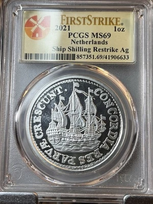 2021 NETHERLANDS SHIP SHILLING RESTRIKE AG PCGS MS69 FIRST STRIKE - Image 1 of 4