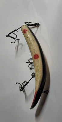 Vintage 6 1/2" Wooden Helin Flatfish Lure/ Black & White W/ Red & Black Spots - Image 1 of 4