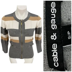 Cable & Gauge Cardigan Sweater Womens Size SP Zip Up Tan Stripe Officecore Corp - Picture 1 of 15