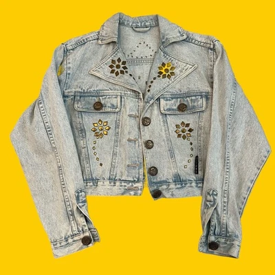 Vintage 90s Gitano Studded Denim Jacket Cropped Sz M Distressed Gold 90210 Retro - Image 1 of 4