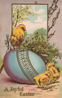C1908 Easter Baby Chicks Gild Egg Color Nature Floral Frame Antique Postcard