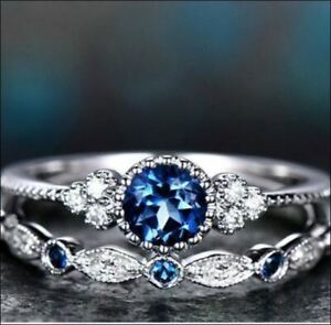 Dainty Sterling Silver Blue Sapphire Gemstone Ring Set