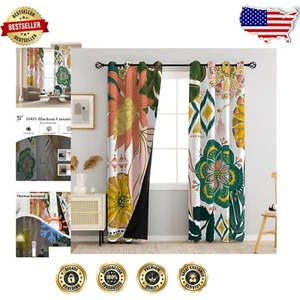 Boho Floral 100% Blackout Curtains - 72" Long Thermal Insulated Drapes (2 Pan... - Picture 1 of 10