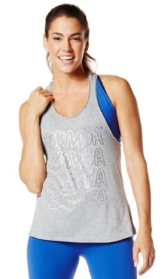 Camiseta sin mangas Zumba suelta espalda cruzada gris trueno y plata ~ S M L XL ~ ¡Nueva! Foto 1 de 2