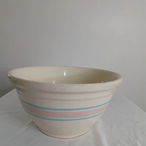 Vintage Large 12" Oven Ware Pottery Mixing Bowl Yelloware Pink Blue Stripe USA - Picture 1 of 8