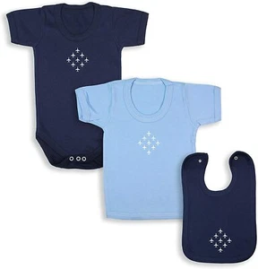 Diamond 9 Babywear Bundle - Navy Short Sleeve Bodysuit, Blue T-Shirt & Navy Bib - Picture 1 of 1