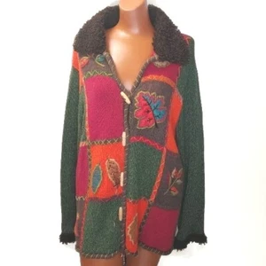 Caroline Colours Fringed Patchwork Cardigan Sweater Green Woman Sz 14 16W As*Is - Picture 1 of 11